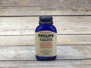 Vintage Phillips Milk Of Magnesia Tablets Glass Advertising Bottle Top