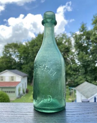 Twitchell Grass Green pony soda bottle Phila PA Hollow T blob beer 1860s blown 3