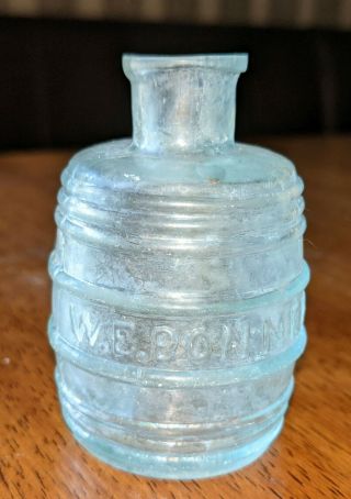 1870s Aqua Blue Glass Barrel Inkwell - W.  E.  Bonney 2 1/2 "