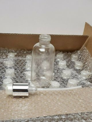 24 X CLEAR PET PLASTIC ROUND BOTTLES W/ WHITE PUMP W BRUSHED ALUMINUM SILVER COL 2