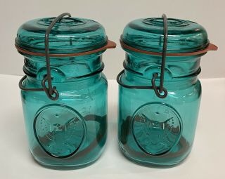 Pair (2) Bicentennial Teal Blue Eagle Ball Mason Jars With Glass Lids