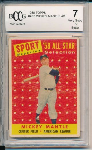 1958 Topps Mickey Mantle All Star Baseball Card 487 Bccg 7 Vg
