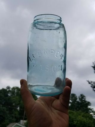 Antique Lockport Mason Jar Rare Aqua Nm