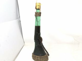 Vintage Glass Wine Bottle Rifle Shaped Green Glass Bottle W/ Basket Base Strap