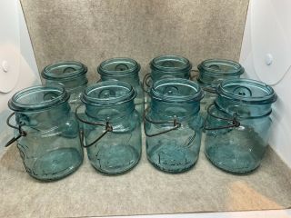 8 Blue Ball Ideal One Pint Mason Jars With Bails But No Lids 1923 - 1933