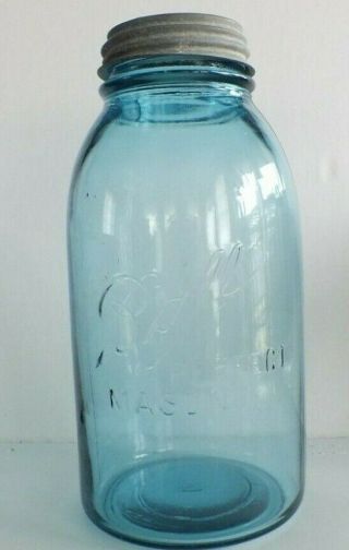 Vintage 1/2 Gal Ball Mason Green / Blue Canning Jar Zinc Lid - Very Old (f)