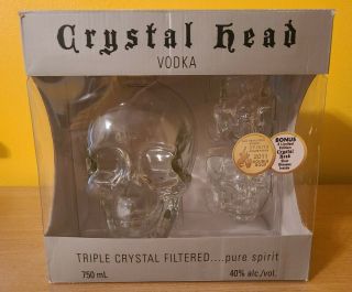 Empty Crystal Head Vodka Skull Bottle Decanter 2 Shot Glasses Set,  Box