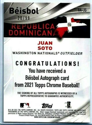 2021 Topps /99 Auto JUAN SOTO Autograph Refractor Chrome SP Beisbol NATIONALS 2