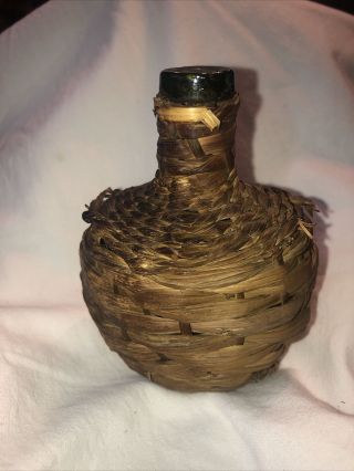 Vintage Green Glass Demijohn Wine Bottle In Wicker Basket Glass 4” Tall