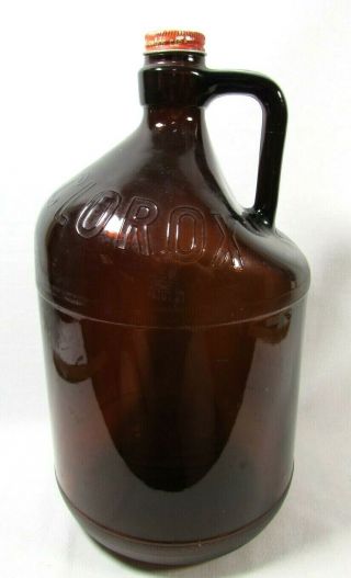 Vintage Amber Brown Glass Embossed Clorox Gallon Bottle Handle Lid