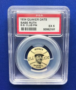 1934 Babe Ruth Baseball Club Pin Psa 5 Ex York Yankees Quaker Oats