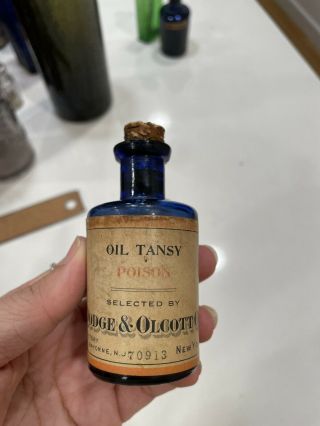 Rare Cobalt Blue Antique Poison Bottle With Label Cork Oil Tansy Ny