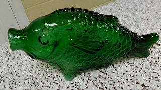 Vintage Large Italian Green Glass Fish Bottle Cork Mouth Decanter 13 " Long