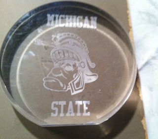 Michigan State University Spartans Clear Plastic Paperweight Desk Item Go Sparty