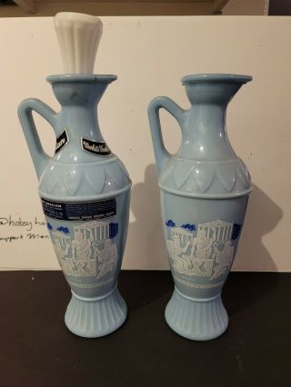 Vintage 1960s Jim Beam White Blue Milk Glass Liquor Decanter Bottle Vase Retro