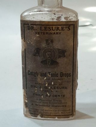 1906 Dr.  Lesure ' s Veterinary Cough & Cold Tonic BOTTLE Keene N.  H.  LABEL 3