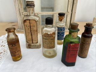 Vintage / Antique Glass Medicine Bottles With Labels X 6
