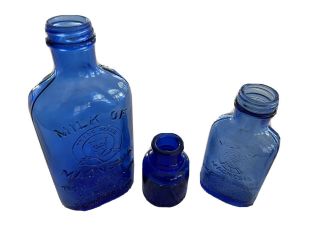 2 Cobalt Blue Glass Phillips Milk Of Magnesia 7 " 5 " Medicine Bottles,  Sm Bottle