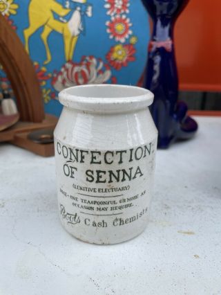 Vintage Antique Boots Cash Chemists Jar Pot Confection Of Senna Stoneware