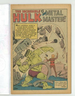 Incredible Hulk 6 0.  5 Coverless 1st Metal Master Ditko Ow Pages 1963