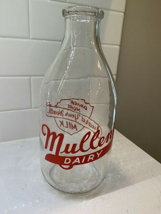Vintage Advertising Glass Half Gallon Milk Bottle Mullen’s Dairy Watertown Wi