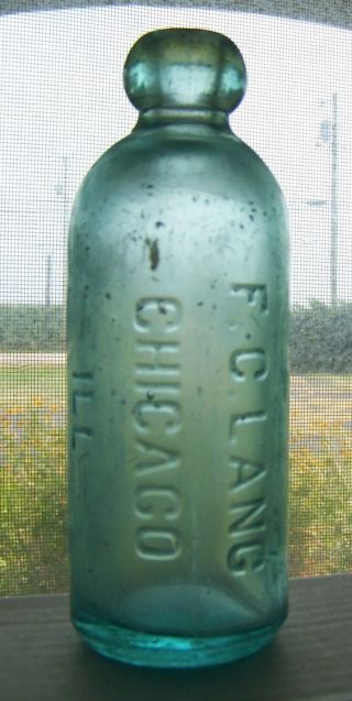 Chicago Illinois Lang Embossed Hutchinson Blob Top Soda Bottle Hutch Il 0359.  5