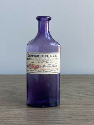 Amethyst Purple Glass Camphorated Oil Medicine Bottle College Drug Antique Vtg