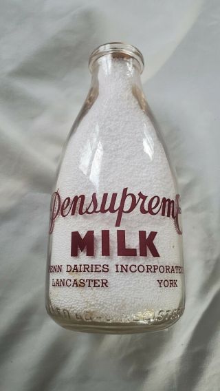 Quart Red Pyro Pensupreme Farm Dairy Lancaster York Pa Penn Milk Bottle