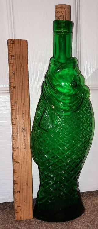Vintage Italian Wine Bottle Decanter 13 " Tall – Heavy Pressed Green Glass Fish.