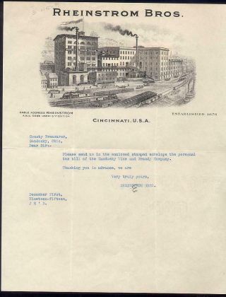 1915 Rheinstrom Brothers Distillery Letterhead Cincinnati Pre Pro Whiskey