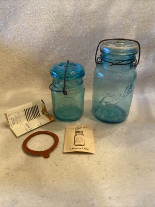 Set Of 2 Vintage Ball Ideal Eagle Aqua Blue Mason Jars (1 Is A Bicentennial Jar)