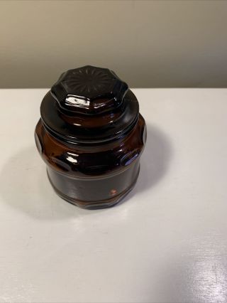 Vintage Small Brown Dark Amber Glass Apothecary Canister Jar with Starburst Lid 2