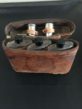 Vintage Antique Embossed Cowhide Leather With Glass Flasks And Shot Glasses
