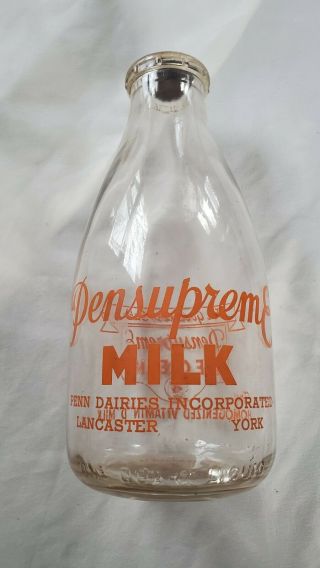 Quart Org Pyro Pennsupreme Farm Dairy Lancaster York Pa Penn Milk Bottle