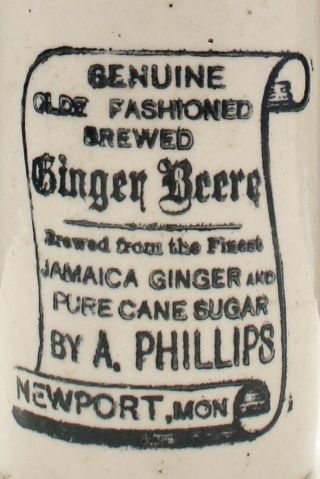Vintage C1900s Phillips Newport Mon Wales Scroll Pict Stone Ginger Beer Bottle
