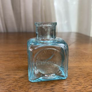 Antique W E Bonney Hanover Mass Embossed Aqua Blue Glass Ink Bottle Square 2 1/2