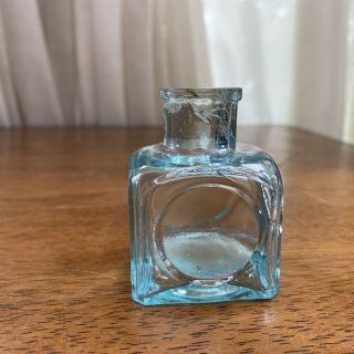 Antique W E Bonney Hanover Mass Embossed Aqua Blue Glass Ink Bottle Square 2 1/2 2