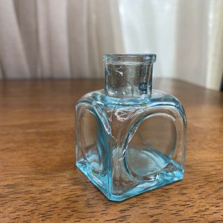 Antique W E Bonney Hanover Mass Embossed Aqua Blue Glass Ink Bottle Square 2 1/2 3