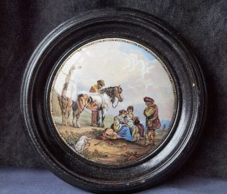 Antique Pratt Ware Framed Pot Lid By Dutch Painter P.  Wouvermann Pinx