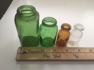 4 Vintage Green Amber Clear Miniature Glass Pharmacy Jars Duraglas C W C Bottles
