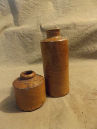 2 Antique Salt Glazed Stoneware Pottery Ink Bottles 19th C Writing Small Master