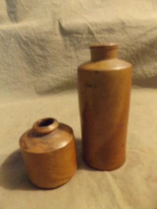 2 Antique Salt Glazed Stoneware Pottery Ink Bottles 19th C Writing Small Master 3
