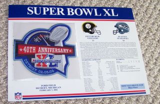 Bowl 40 Steelers Seahawks 40th Anniversary Patch 8.  5 X 11 Information Card