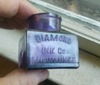 Amethyst Diamond Ink Co Milwaukee Hand Blown 1890s Side Emb Square Ink Bottle