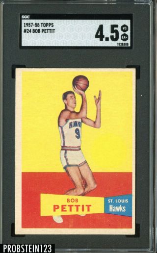 Bob Pettit 1957 Topps Basketball 24 Rookie Sgc 4.  5 Vg - Ex,  Rc St Louis Hawks Hof
