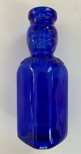 Vintage Brookfield Baby Top Milk Bottle Quart Baby Face Cobalt Blue 9.  5”