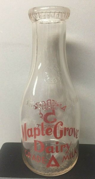 Maple Grove Dairy Asheboro,  Nc 5 Cent Deposit One Quart Milk Bottle 1927 Patent