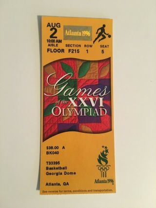 1996 Atlanta Olympics,  Ticket Stub,  Basketball,  Aug.  2 - Men 
