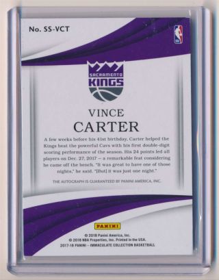 2018 - 19 Panini Immaculate Shadowbox Signatures Vince Carter Auto /49 2