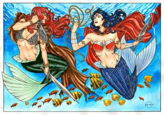 Ww Vs Red Sonja 11x17 Mermaid Sexy Pinup Art - Comic Page By Ed Silva